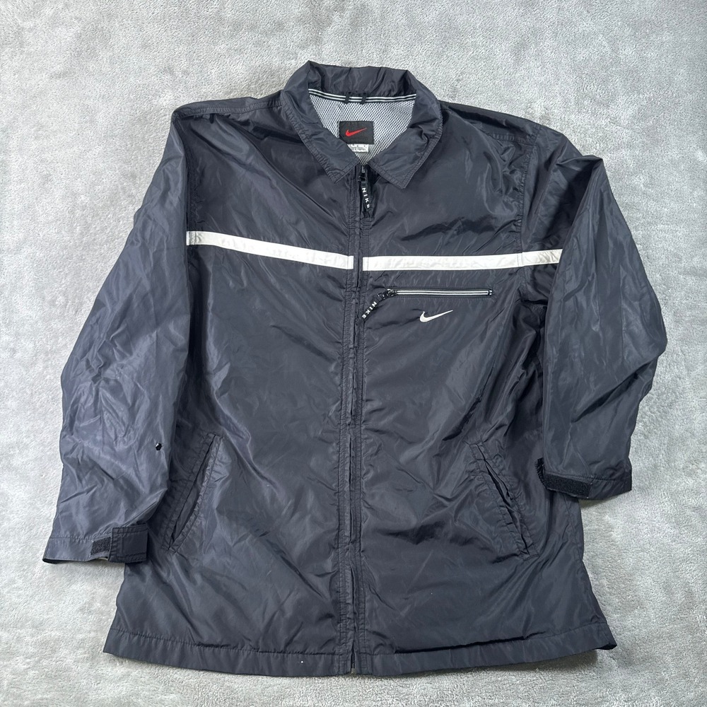 Nike Windbreaker Jacket Mens M Black White Stripe Swoosh Full Zip Y2K Vintage